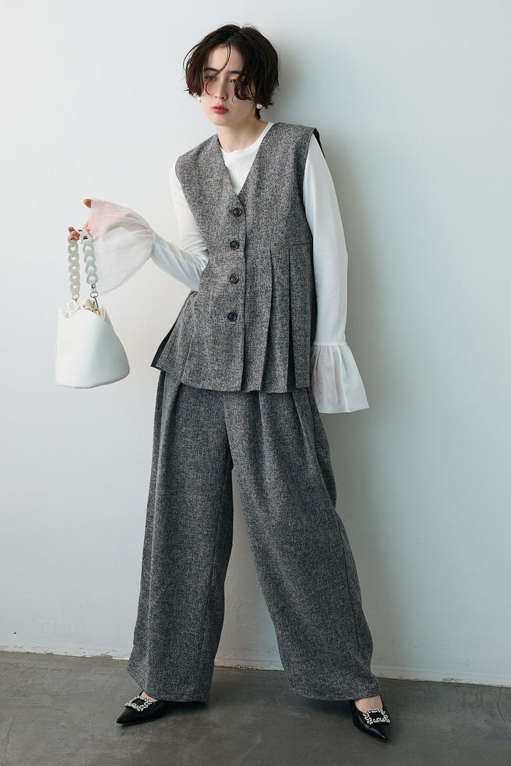 [予約/SET]チュールシアーカフスリブニット+サマーツイードボックスプリーツベスト+サマーツイードウエストラインタックパンツ(3set)
