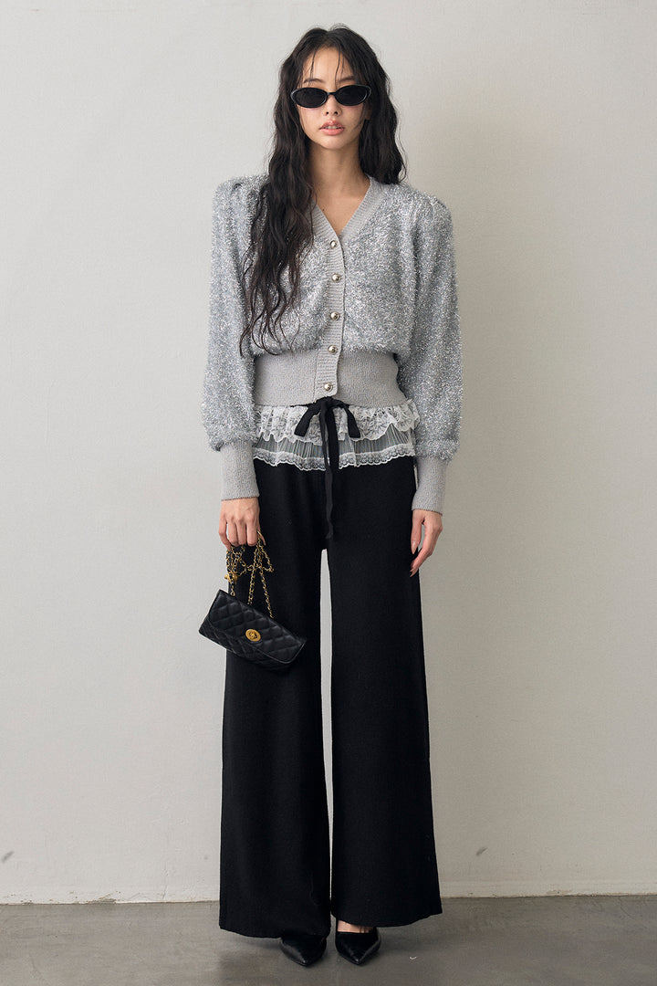 [予約/SET]コンシャスショルダーシャイニーニットカーデ+ウエストレースニットストレートパンツ(2set)