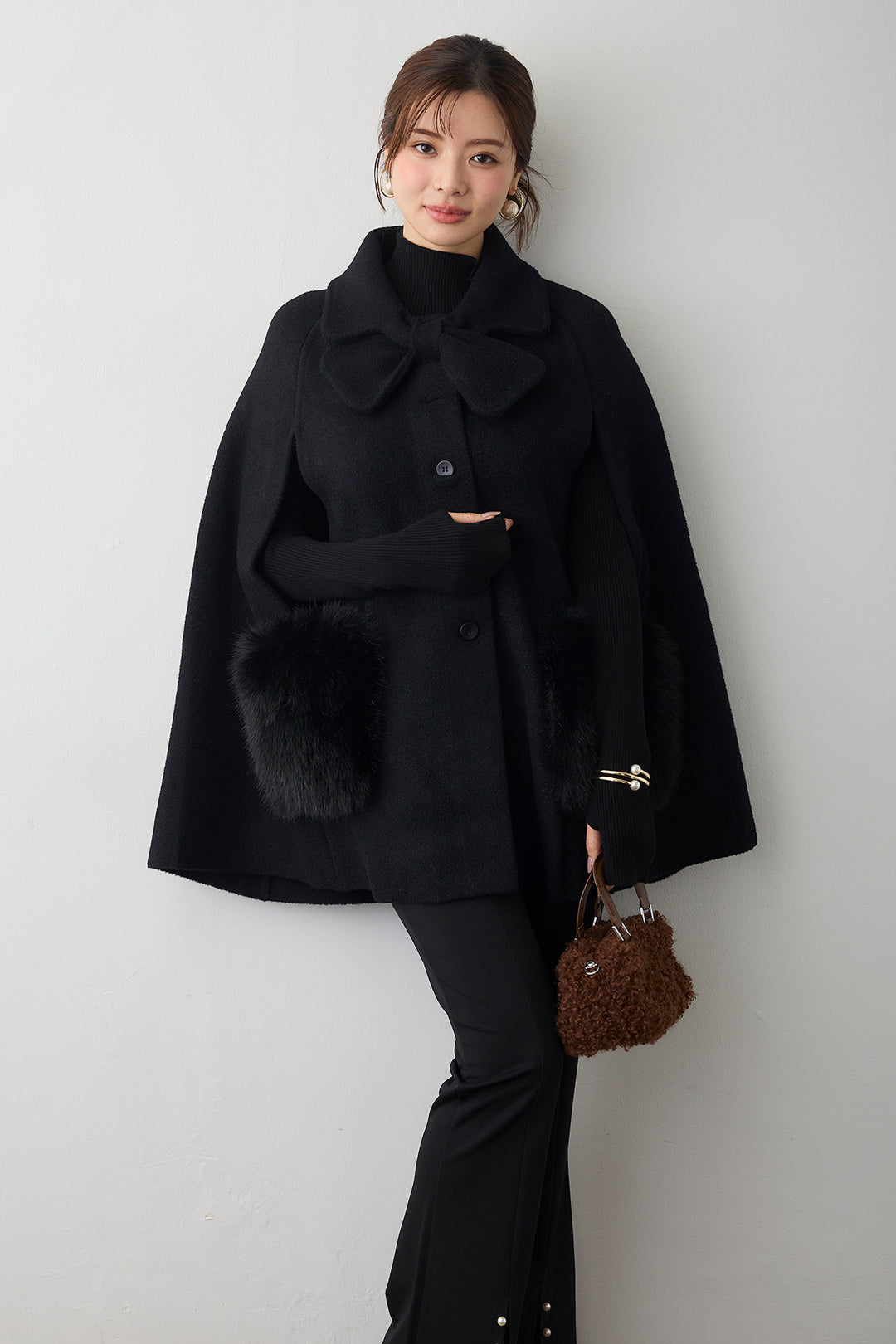 [予約]ウールタッチファーポケットポンチョコート