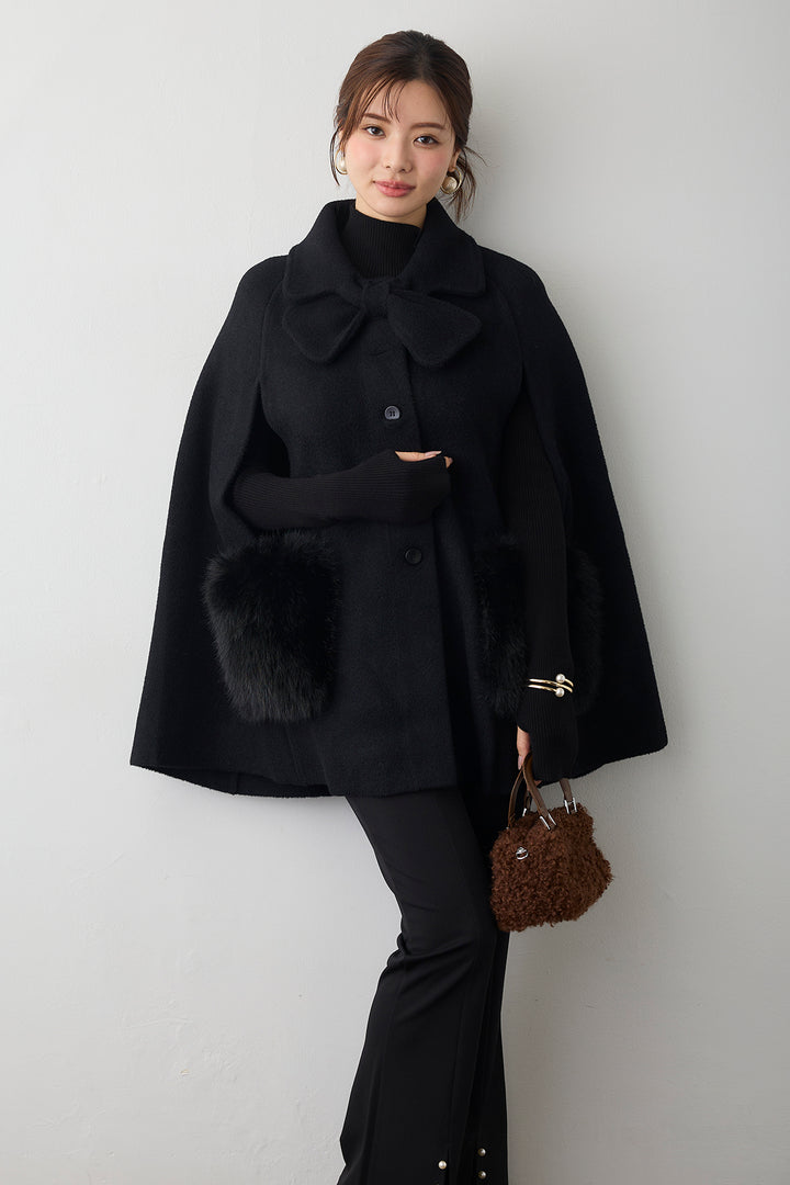 [予約]ウールタッチファーポケットポンチョコート