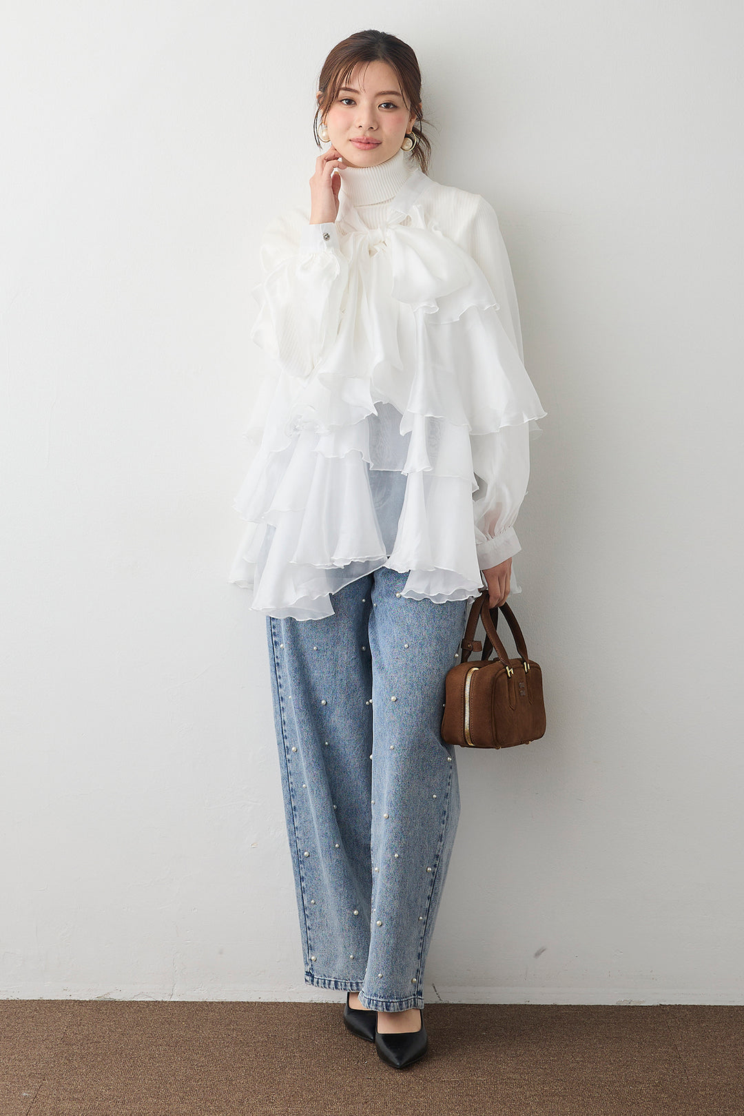 [予約/SET]フロントBIGリボンティアードエアリーチュニック+パールスタッズストレートハイウエストデニム(2set)