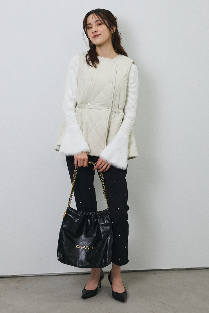 [予約/SET]フェザー切替スリーブフレアニット+キルティングフレアシルエットベスト(2set)