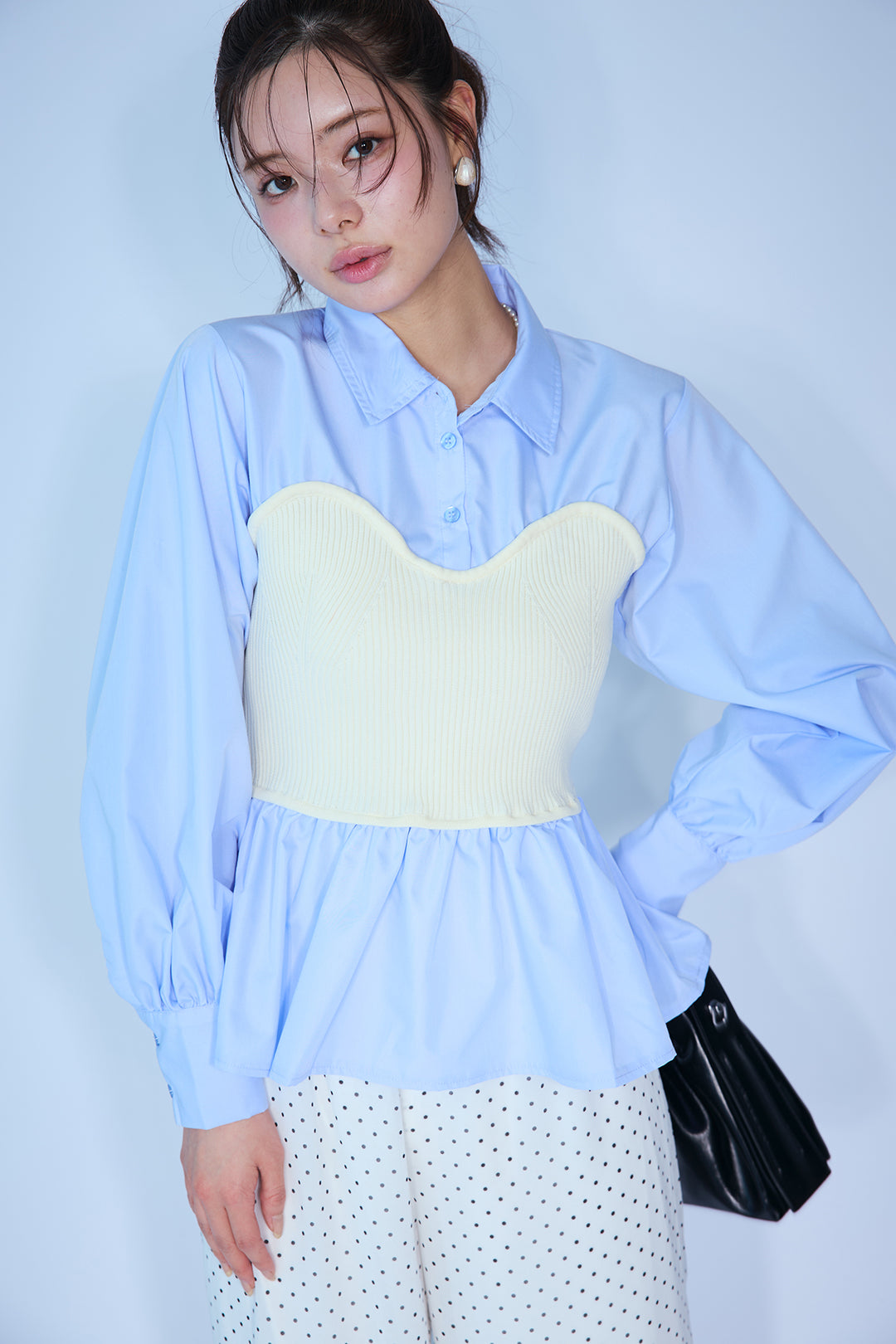 [予約/SET]ビスチェニットドッキングペプラムブラウス+シアードットリラックスパンツ(2set)