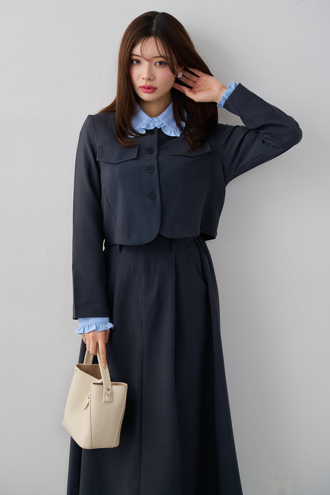 [予約/SET]ミニフリル襟ボリュームスリーブブラウス+ノーカラークロップドジャケットスカートセット(2set)