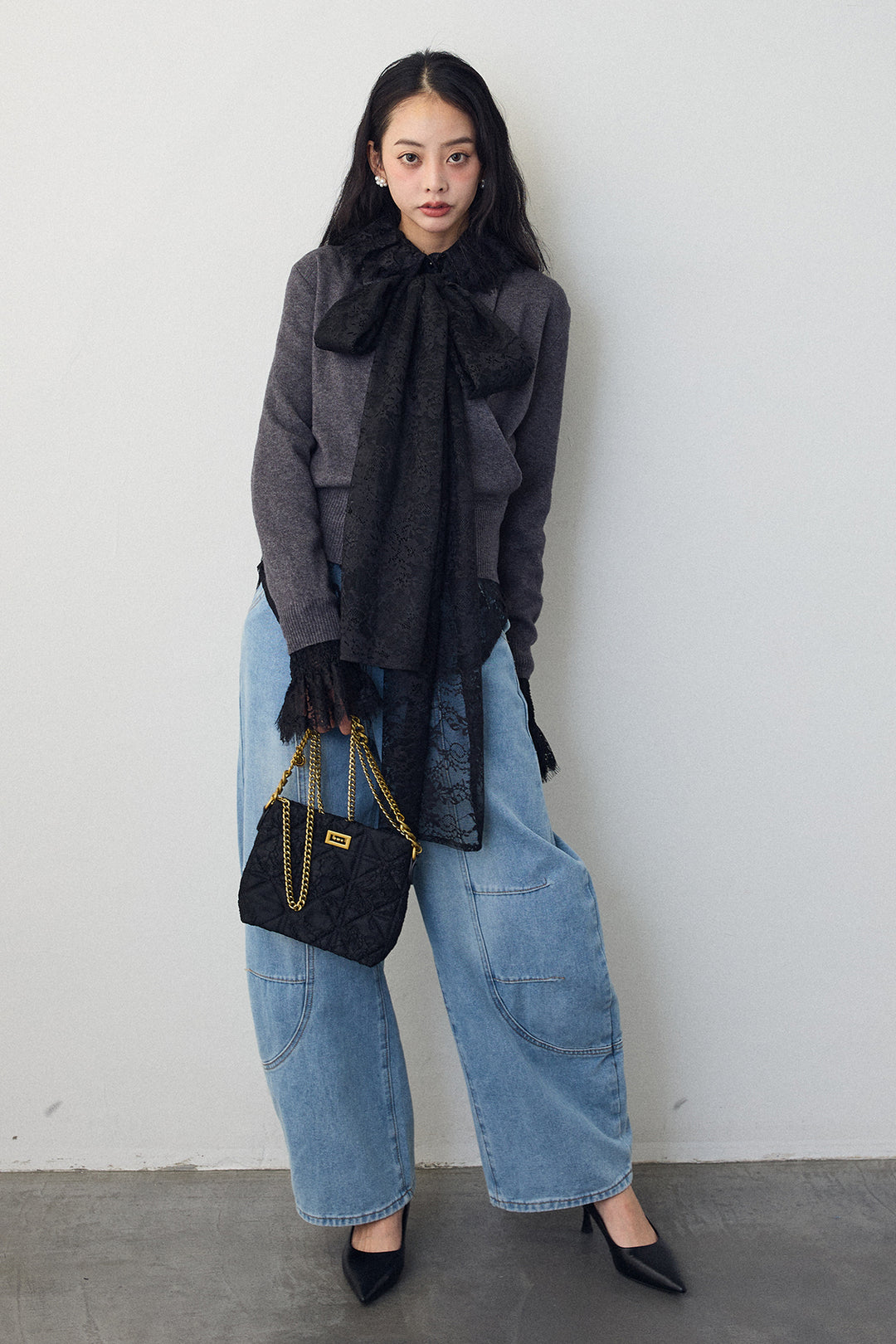 [予約/SET]クラシカルレースボウタイブラウス+カシュクールデザインニット(2set)