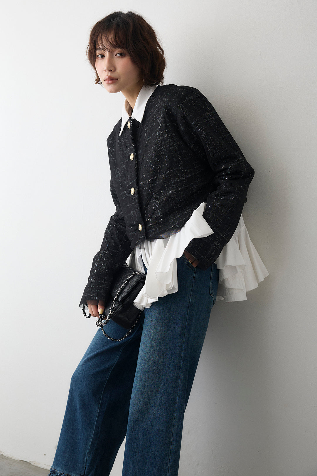[予約/SET]パネルフレアヘムシャツ+ツイード×チュールレイヤードクロップドジャケット+フリルヘムデニムパンツ(3set)
