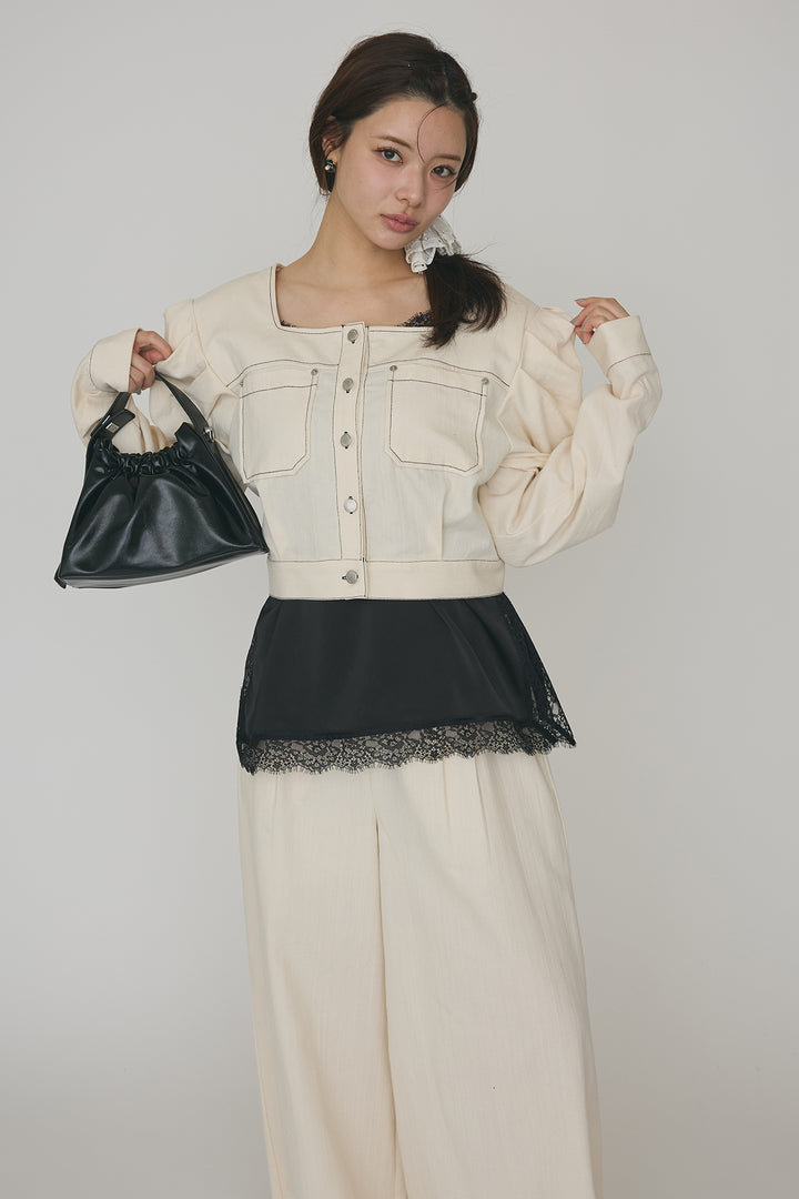 [予約/SET]マットサテンレースキャミソール+ステッチパフスリーブクロップドジャケット+ステッチデザインハイウエストデニムパンツ(3set)