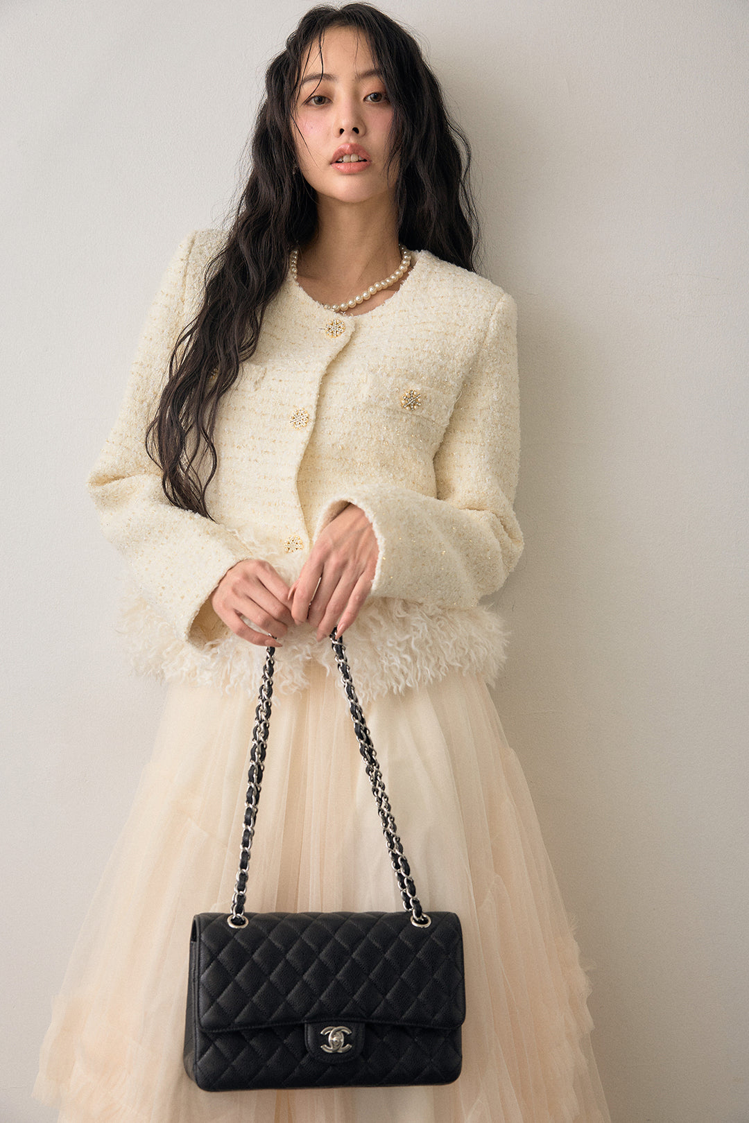 [予約/SET]中綿ツイードロングファードッキングジャケット+フェアリードレープチュールスカート(2set)