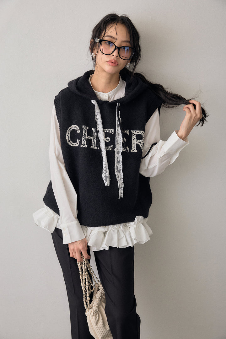 [予約/SET]パネルフレアヘムシャツ+レースリボンロゴフードスリーブレスニット+タックテーパードパンツ(3set)