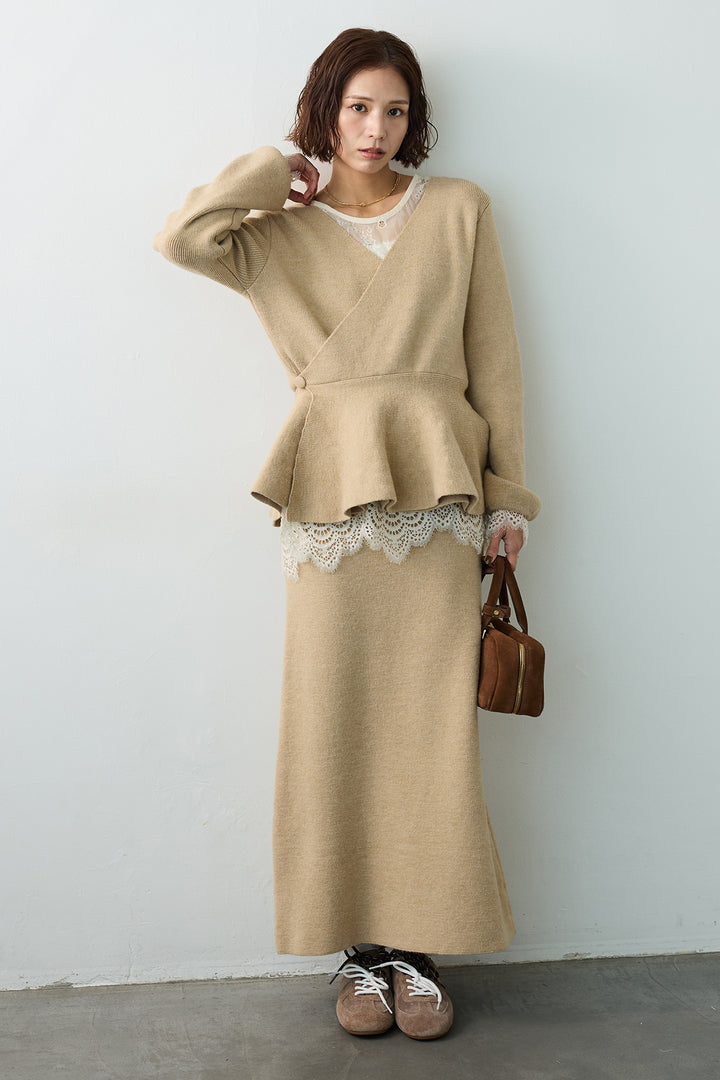 [予約/SET]ファインレーストップス+カシュクールフレアニットスカートセットアップ(2set)