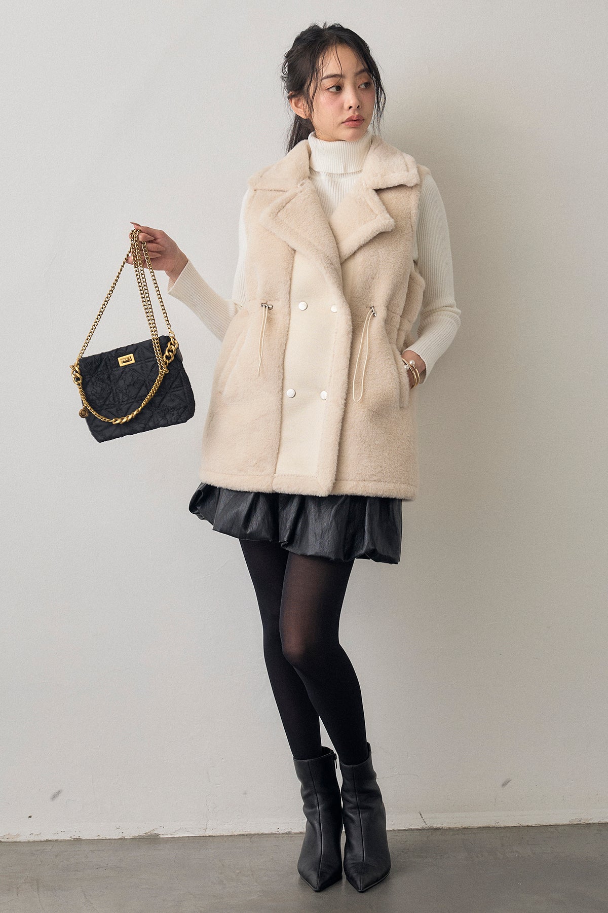 予約/SET]ベーシックリブタートルニット+テディボアウエストドロスト