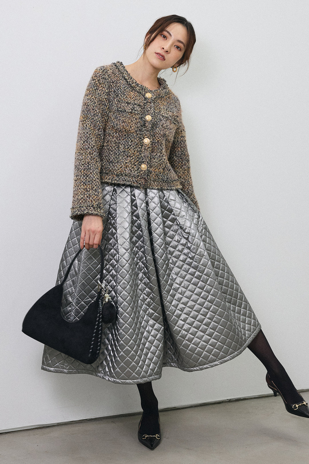 [予約/SET]カラーミックスツイードジャケット+メタリックキルティングフレアスカート(2set)