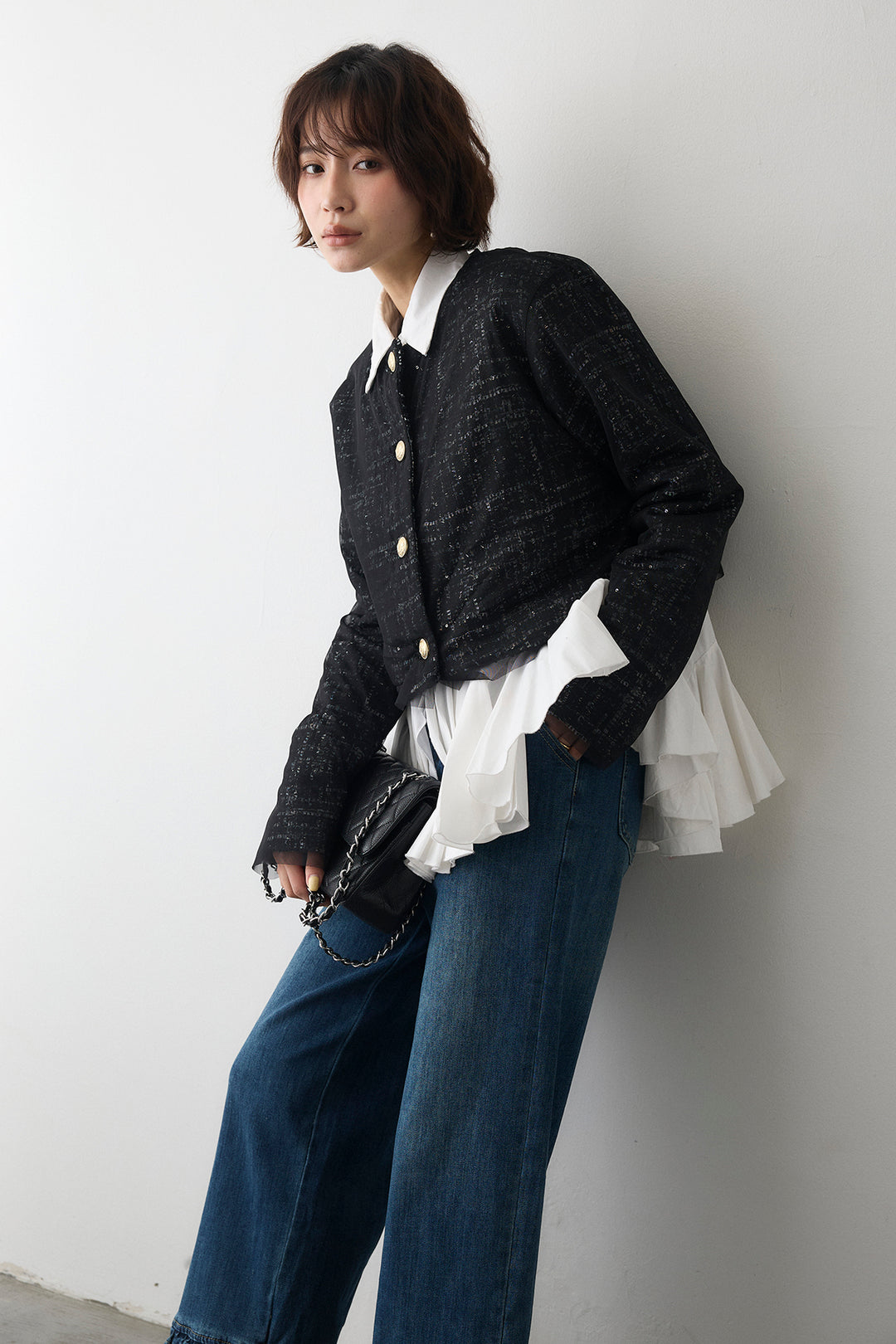 [予約/SET]ツイード×チュールレイヤードクロップドジャケット+フリルヘムデニムパンツ(2set)
