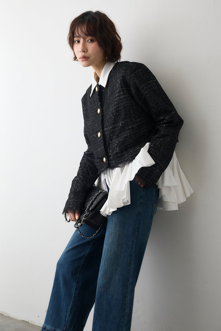 [予約/SET]ツイード×チュールレイヤードクロップドジャケット+フリルヘムデニムパンツ(2set)
