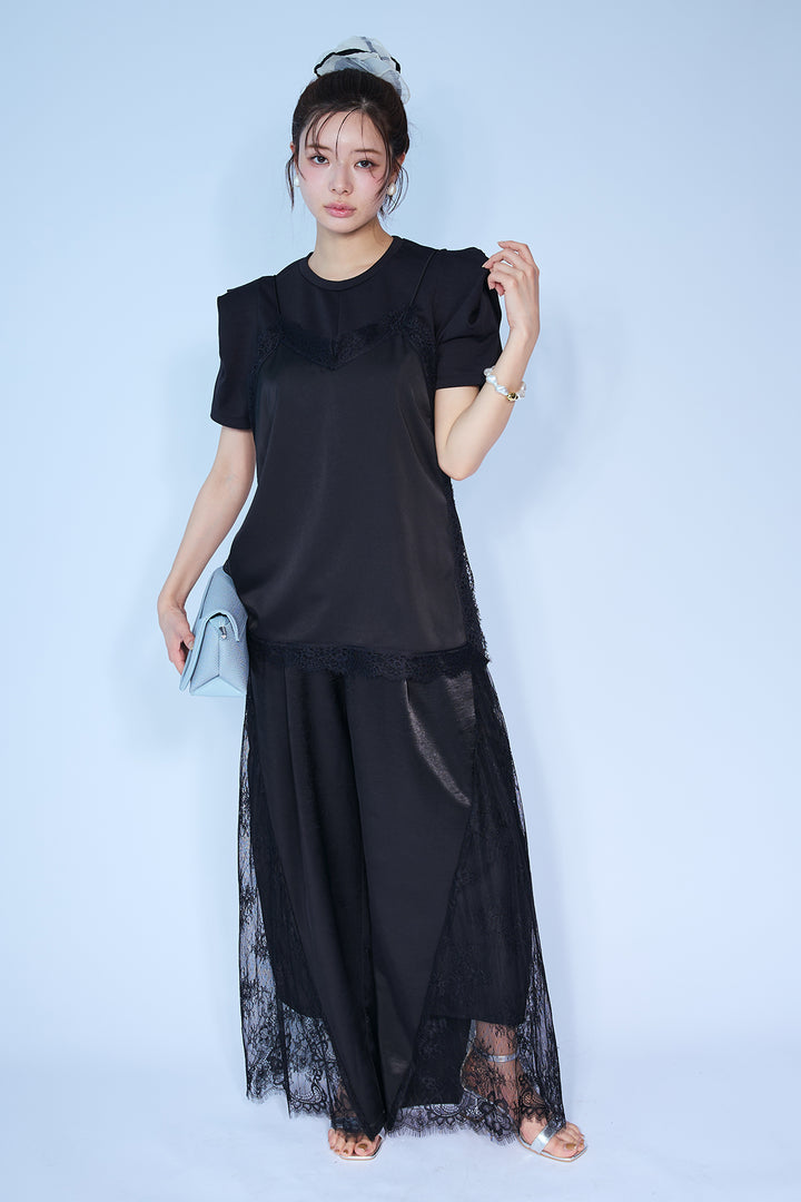 [予約/SET]スクエアショルダーデザインカットトップス+マットサテンレースキャミソール+サイドレースデザインリラックスパンツ(3set)