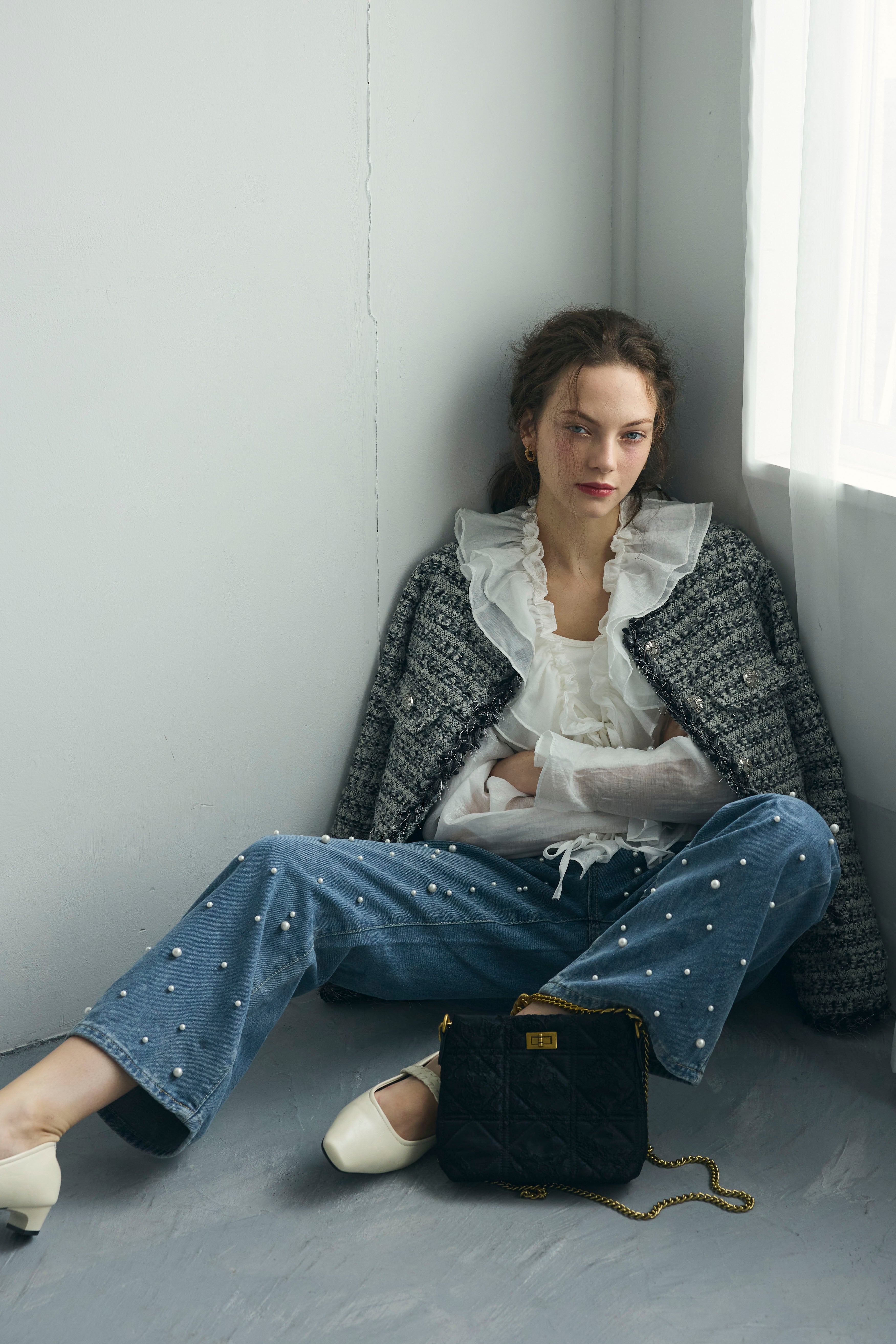 早い者勝ちです.ᐟ‪ツイード フリル デニムジャケット 予約/SET]エアリーラッフルフリルブラウス+フリンジツイードクラシカル