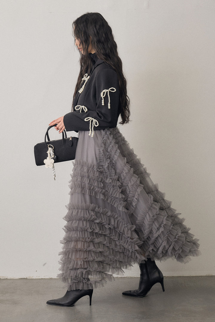 [予約/SET]ベーシックリブタートルニット+パールリボンクロップドジャケット+スフレアシメチュールスカート(3set)