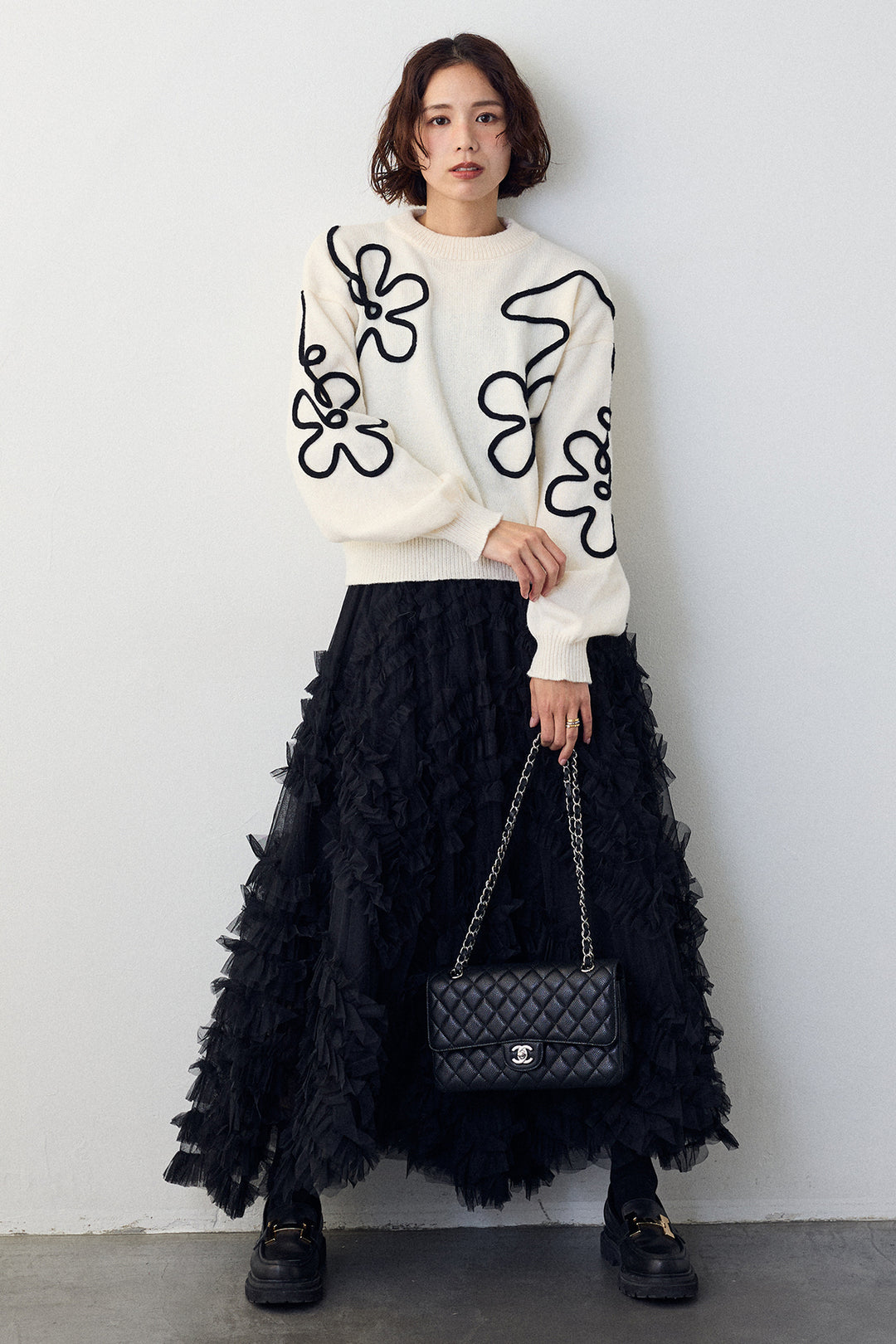 [予約/SET]コードフラワーニットプルオーバー+スフレアシメチュールスカート(2set)