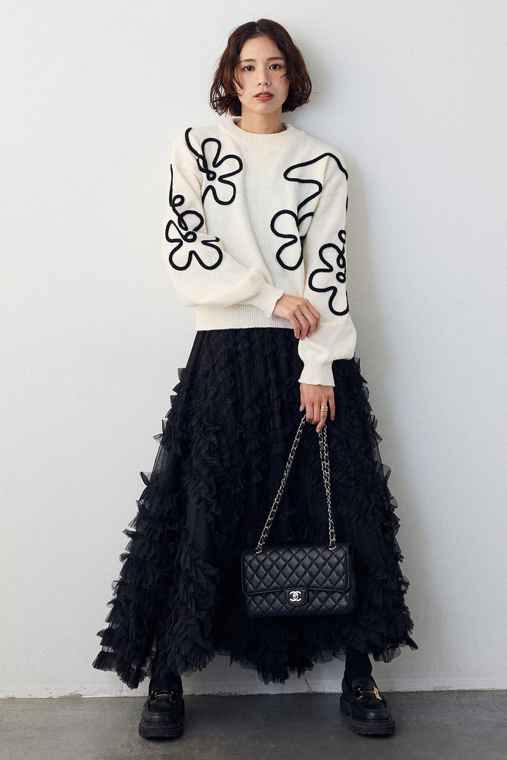 [予約/SET]コードフラワーニットプルオーバー+スフレアシメチュールスカート(2set)