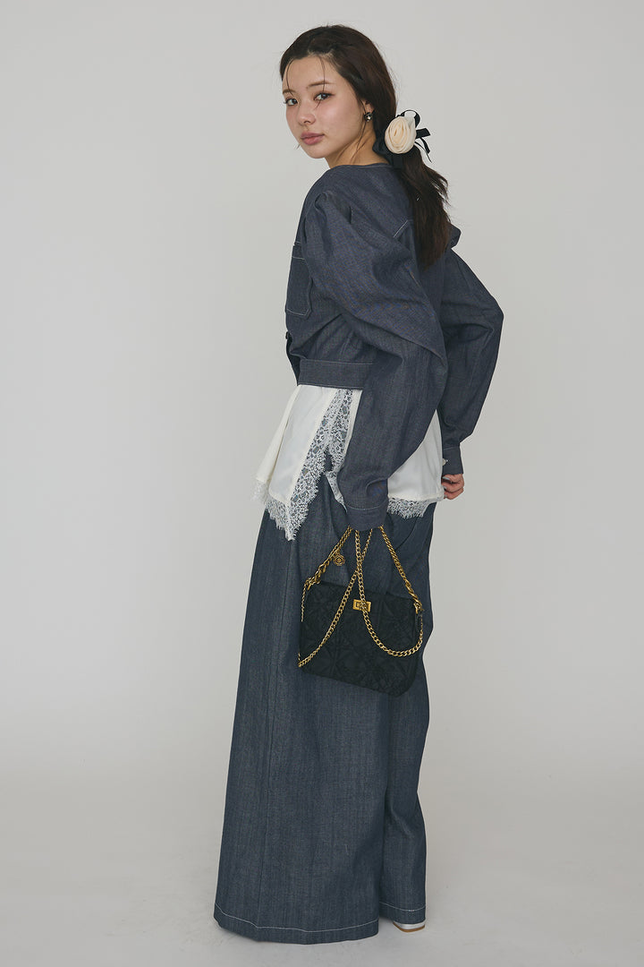 [予約/SET]ステッチパフスリーブクロップドジャケット+ステッチデザインハイウエストデニムパンツ(2set)