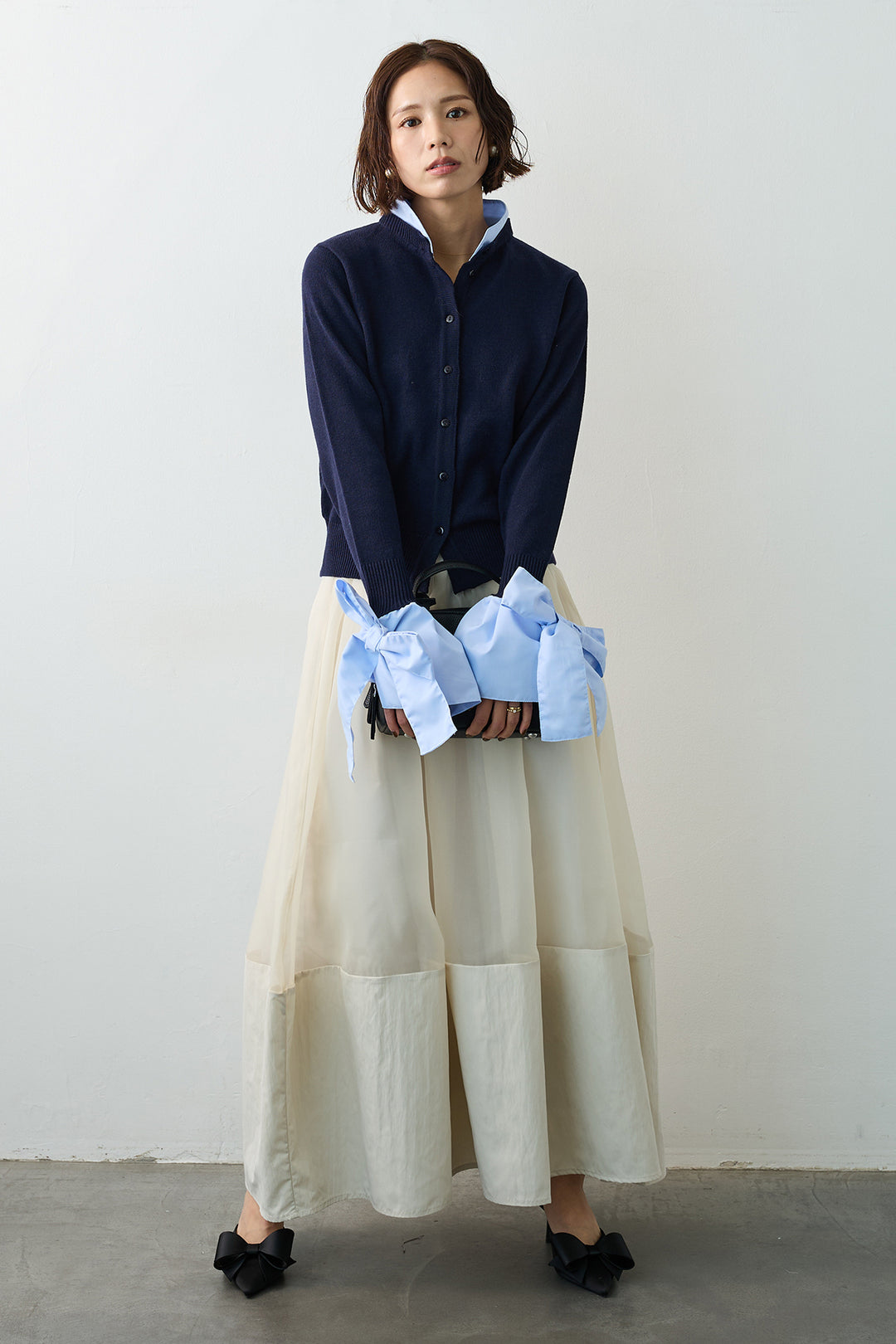 [予約/SET]BIGリボンカフスデザインニットドッキングカーデ+オーガンジー×タフタコクーンスカート(2set)