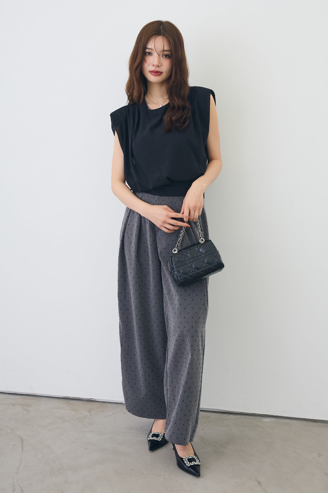 [予約/SET]バックリボンモードショルダーシフォンブラウス+ドットツイルタックワイドパンツ(2set)