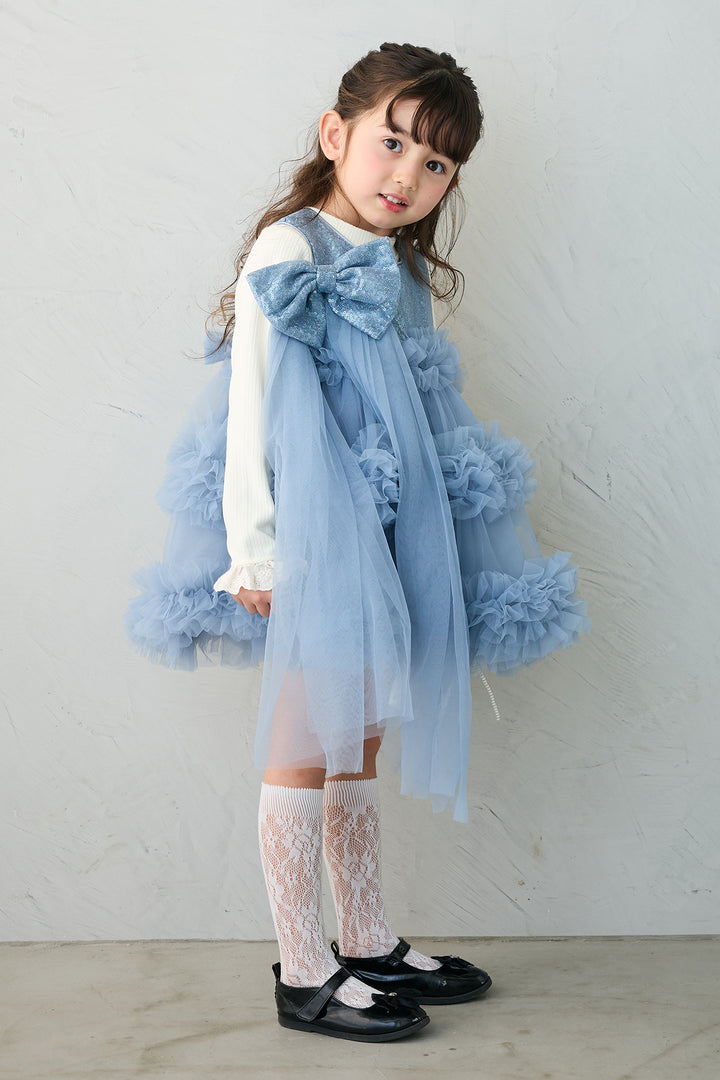 [予約/親子SET][kids]スパンコールリボンホイップチュールワンピセット+フリルヘムスリーブブラウス+クロップドマニッシュシンプルジャケット+ツイルシンプルストレートパンツ(4set)