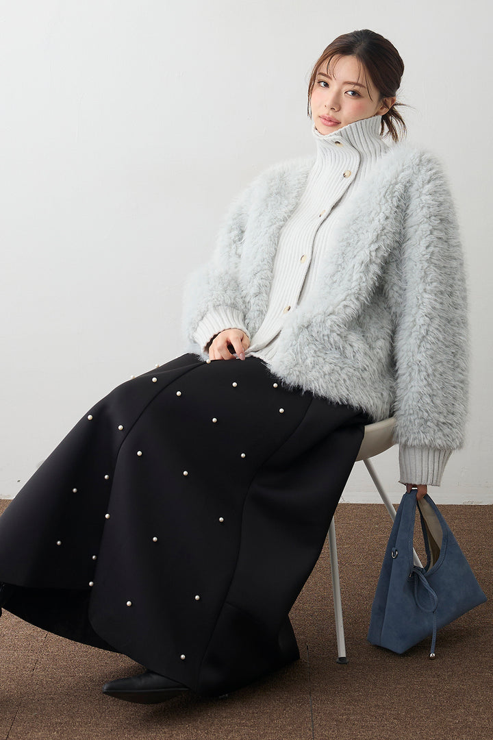 [予約/SET]シャギーファー×リブニットミックスジャケット+マルチパターンボンディングフレアスカート(2set)