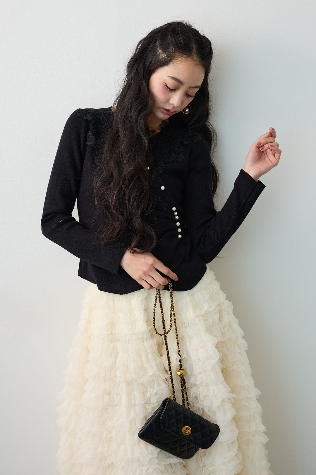 [予約]タックパールデザインレースニット