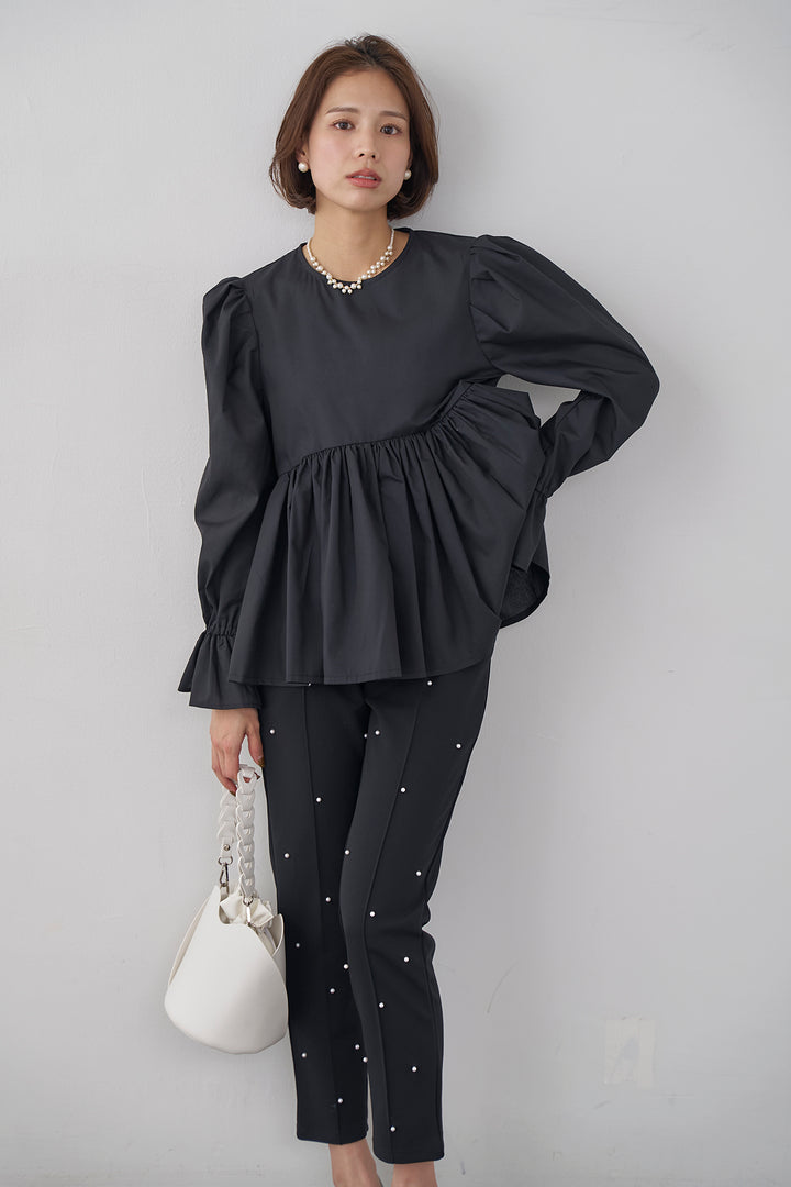 [予約]パフショルダーペプラムギャザーブラウス