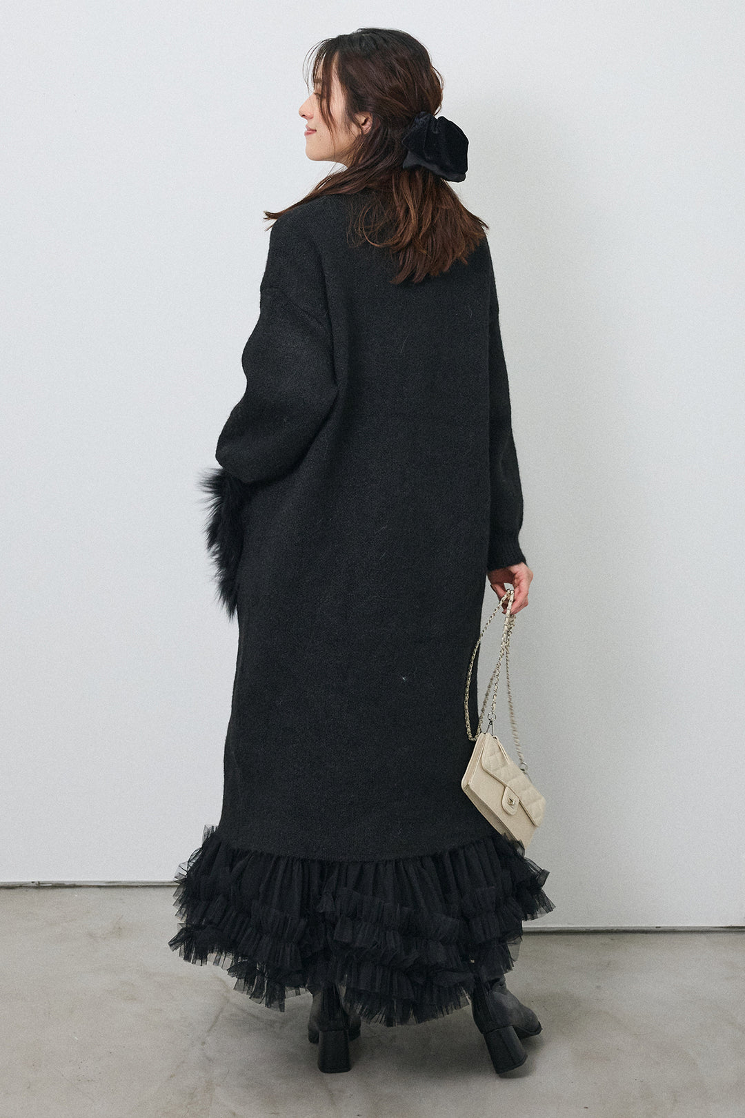 [予約/SET]ファーポケットロングニットカーデ+スウィートチュールフリルスカート(2set)