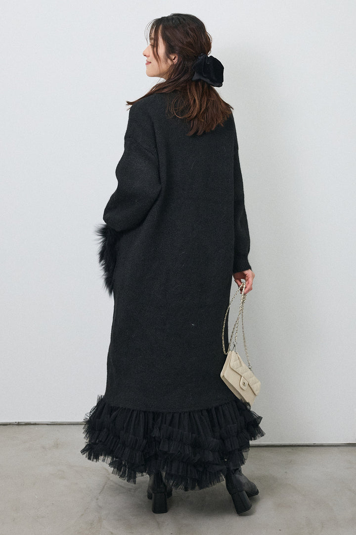 [予約/SET]ファーポケットロングニットカーデ+スウィートチュールフリルスカート(2set)