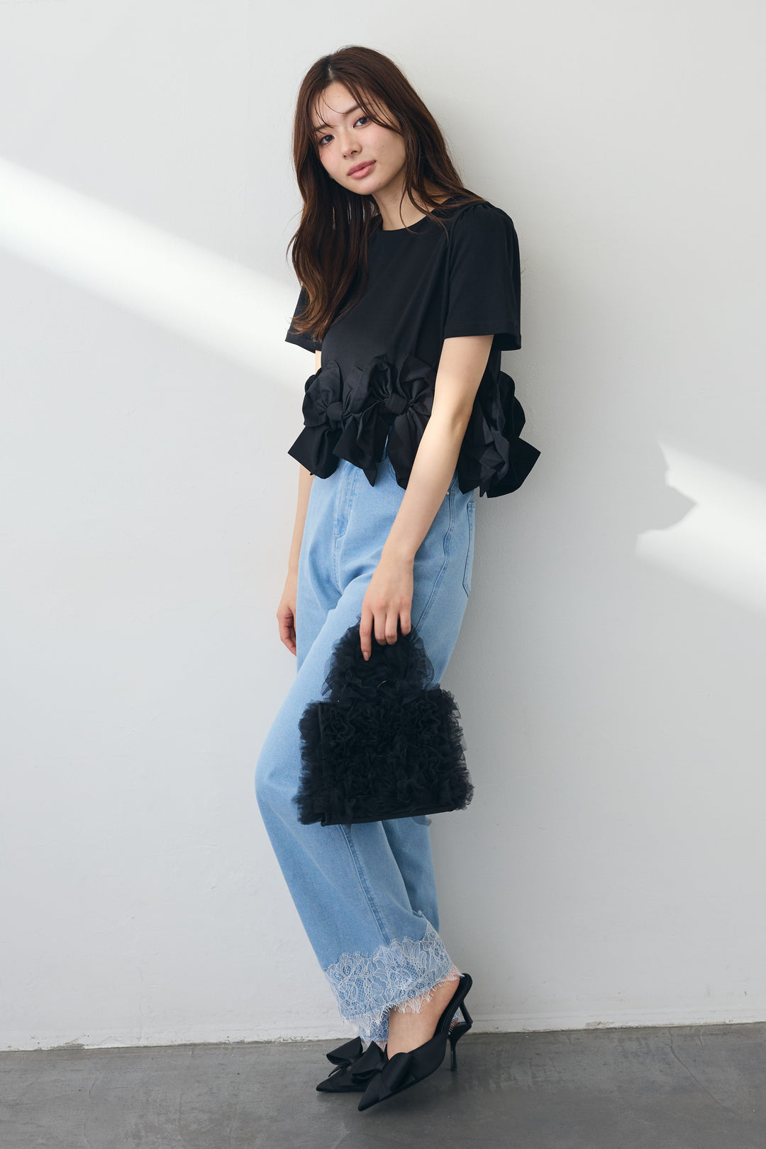 [予約/SET]リボンヘムデザインTシャツ+【接触冷感】ヘムレースデニムパンツ(2set)