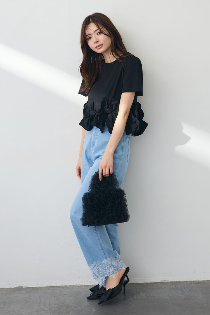 [予約/SET]リボンヘムデザインTシャツ+【接触冷感】ヘムレースデニムパンツ(2set)