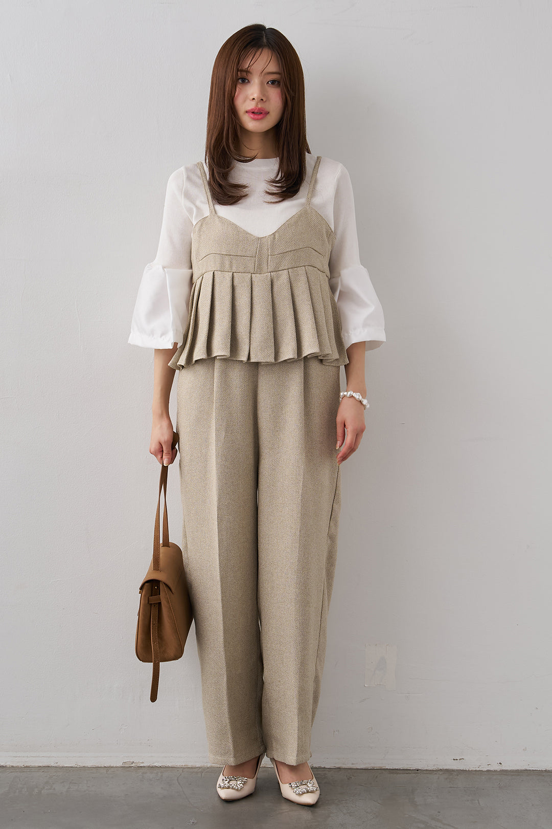 [予約/SET]タックフレア異素材ドッキングニットPO+プリーツビスチェオールインワン(2set)