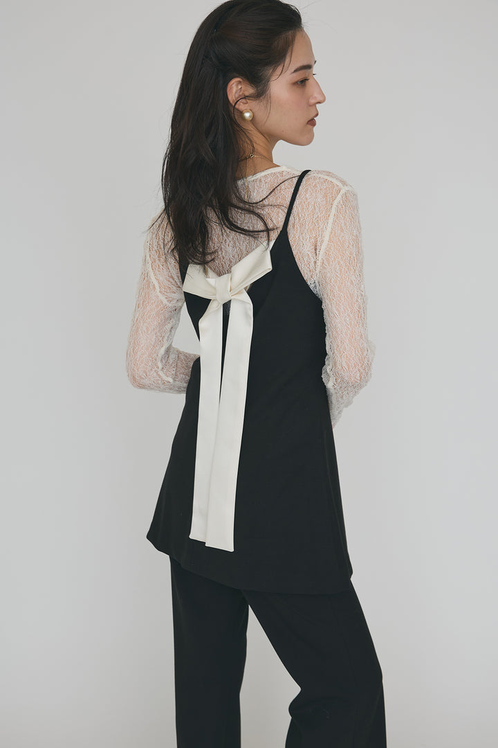 [予約/SET]ストレッチ繊細レーストップス+バックリボン美シルエットキャミチュニック+美脚セミフレアパンツ(3set)