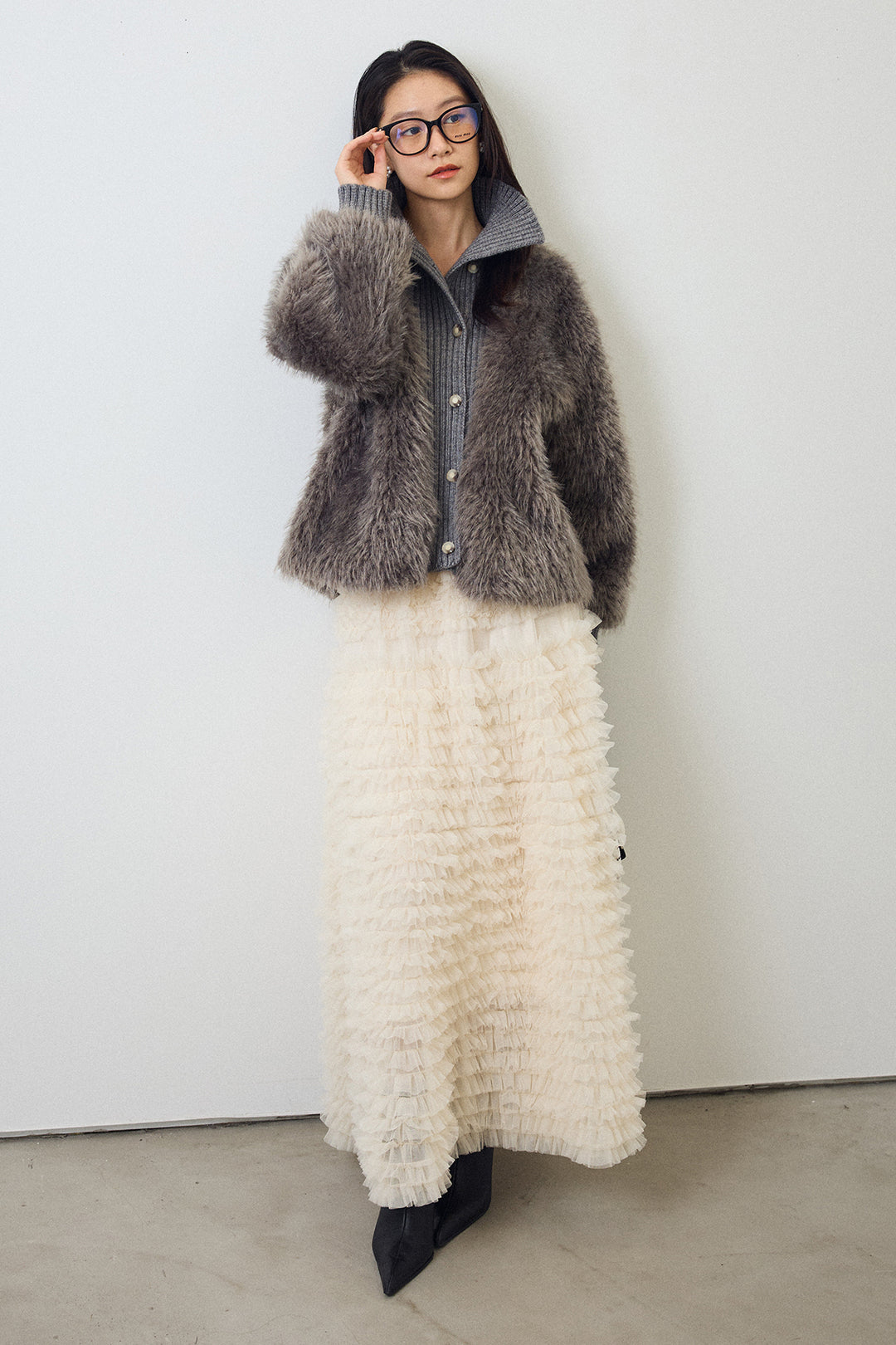 [予約/SET]シャギーファー×リブニットミックスジャケット+ホイップチュールティアードスカート(2set)