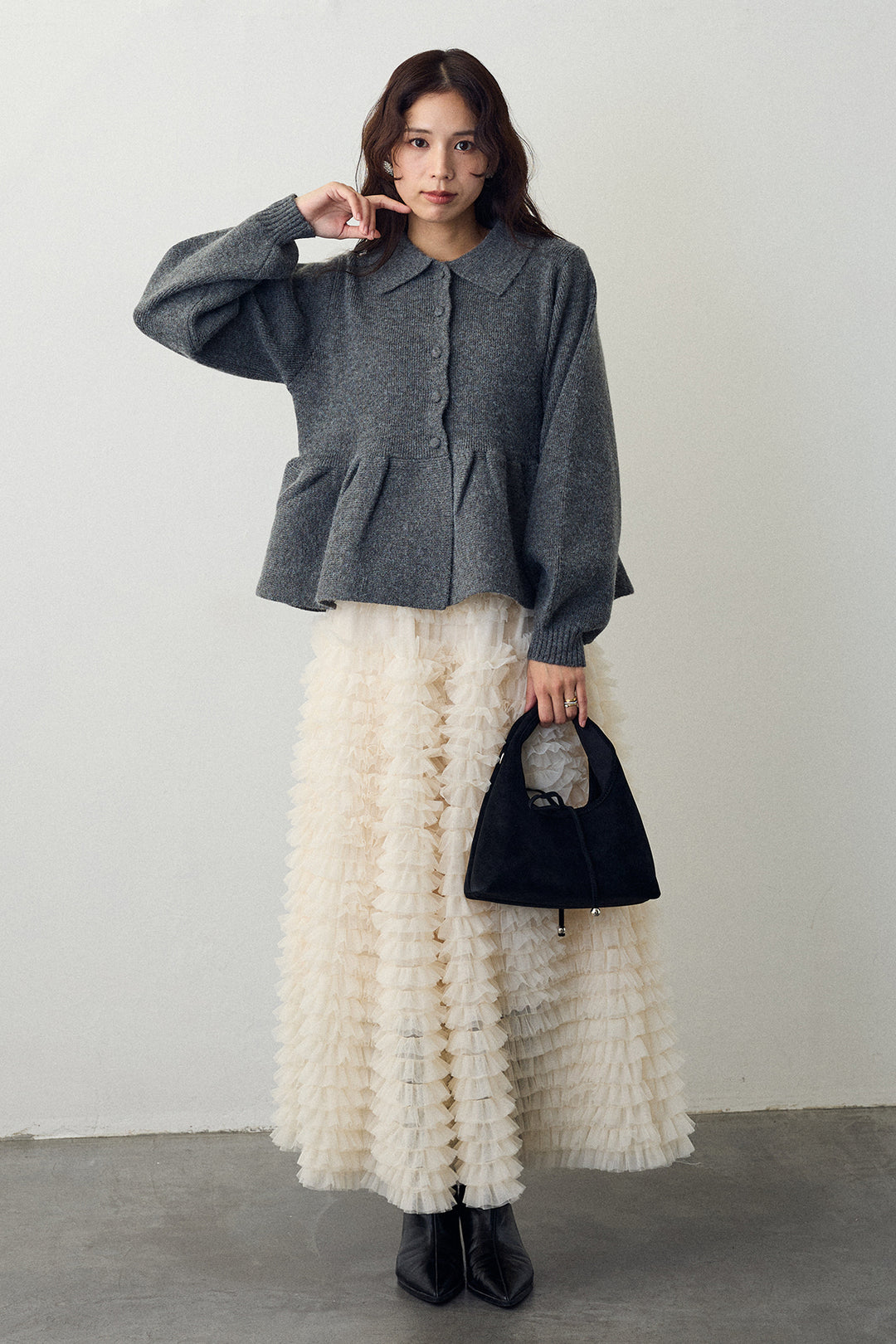 [予約/SET]ポロ襟ペプラムニットプルオーバー+ホイップチュールティアードスカート(2set)