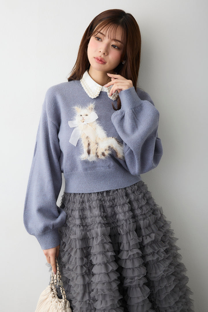 [予約/SET]2連パール付け襟+シャギーリボンキャットモチーフニットPO+ホイップチュールティアードスカート(3set)