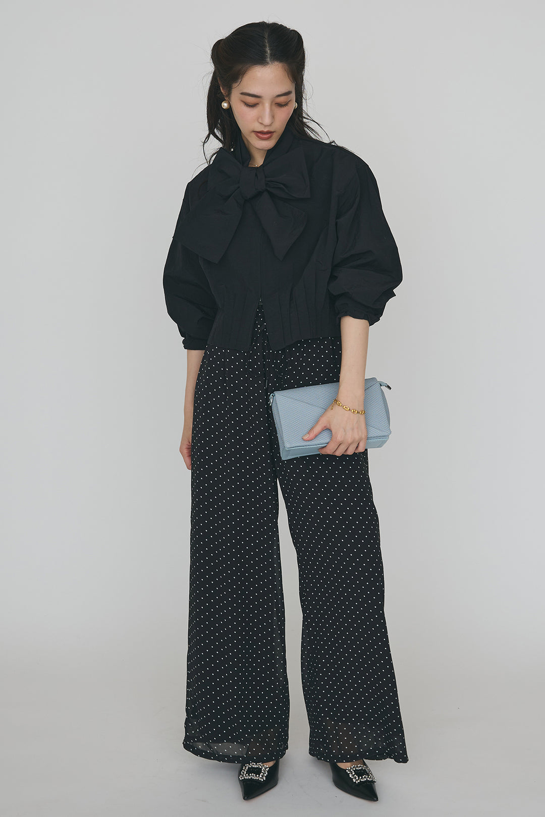 [予約/SET]フロントファスナーヘムタックボウタイブラウス+シアードットリラックスパンツ(2set)