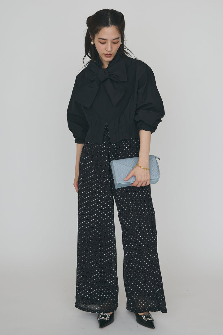 [予約/SET]フロントファスナーヘムタックボウタイブラウス+シアードットリラックスパンツ(2set)