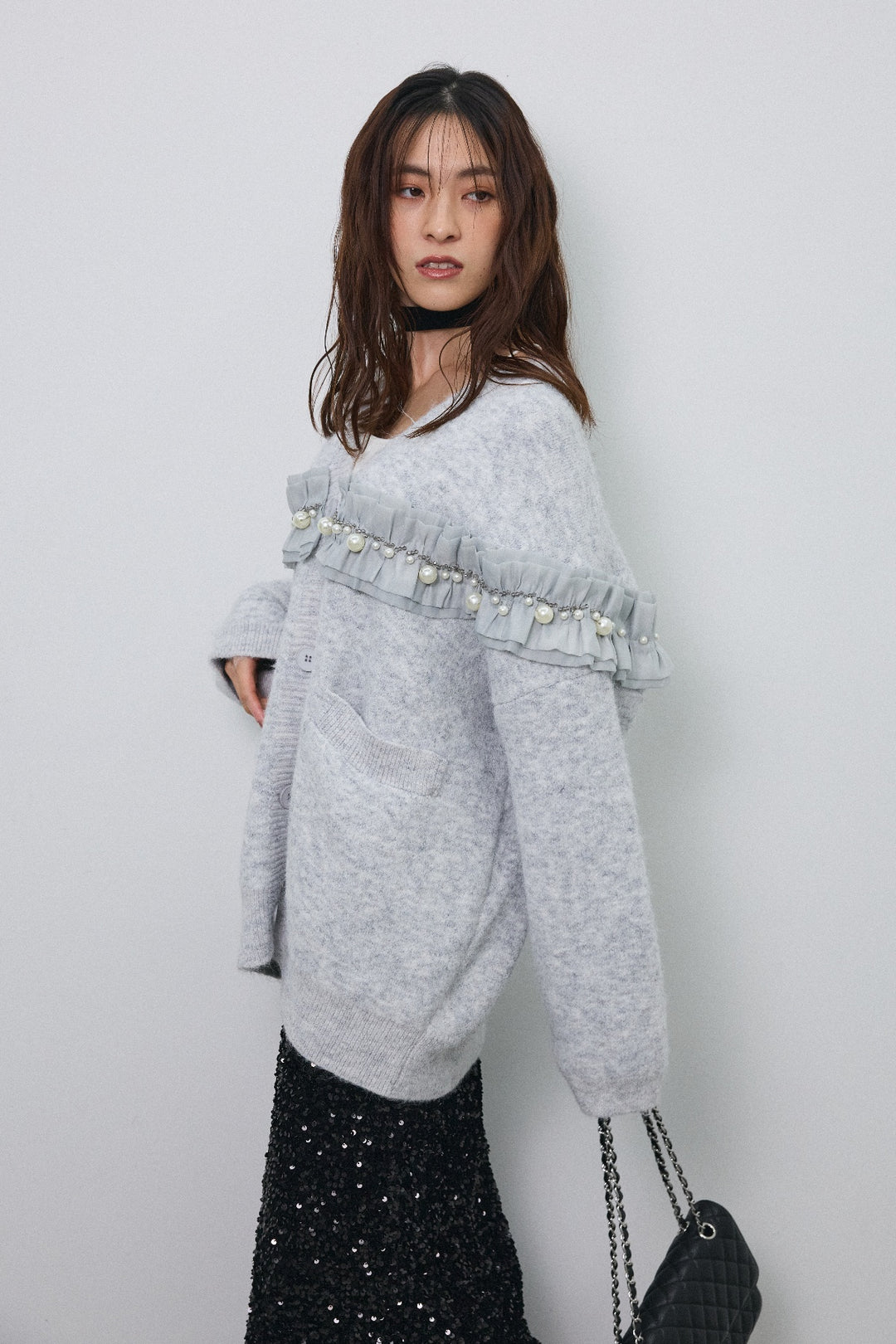 [予約/SET]フリルパールドッキングニットコーディガン+スパンコールシャイニースカート(2set)