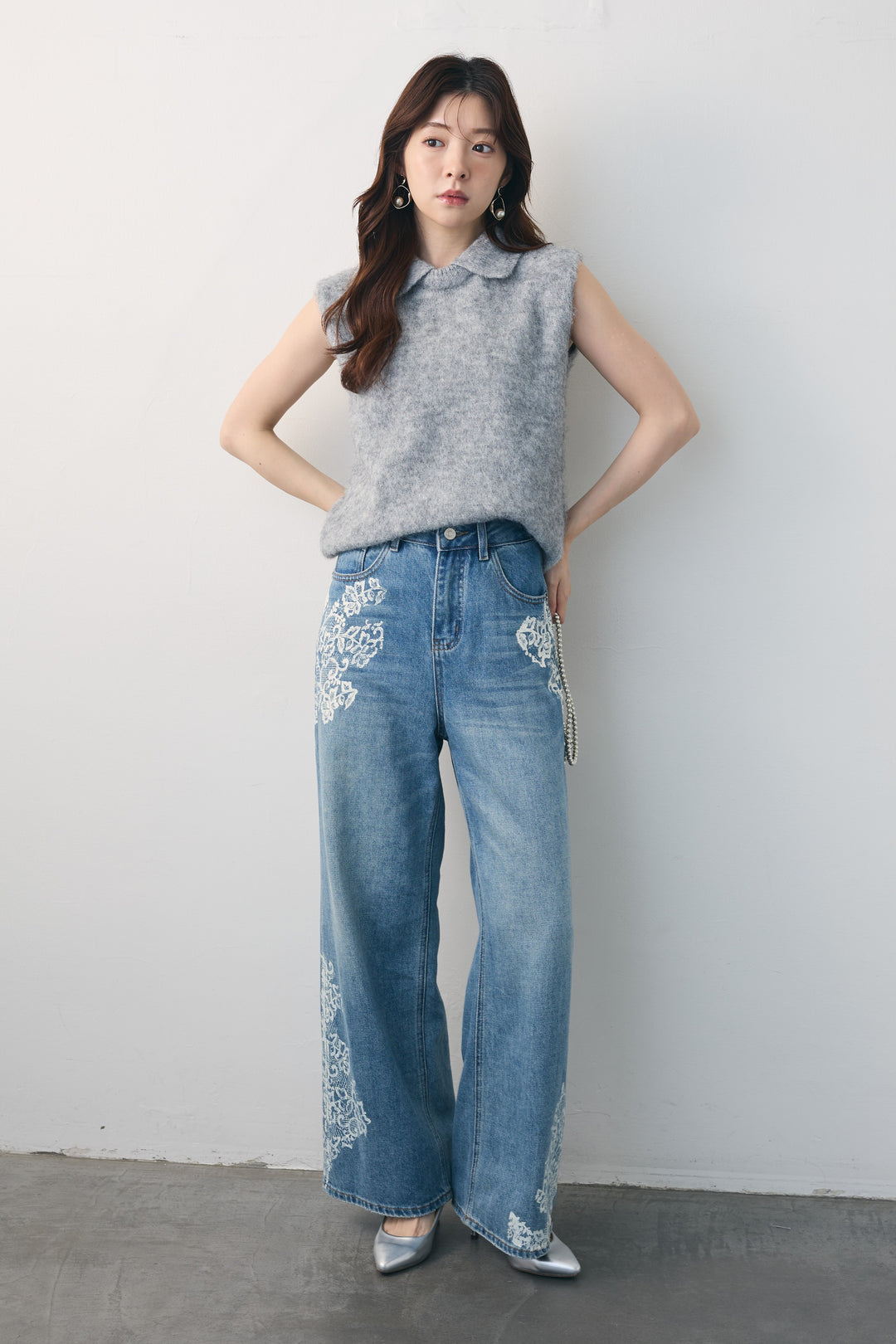 [予約/SET]モヘア起毛ポロベスト+レースプリントデザインデニムパンツ(2set)