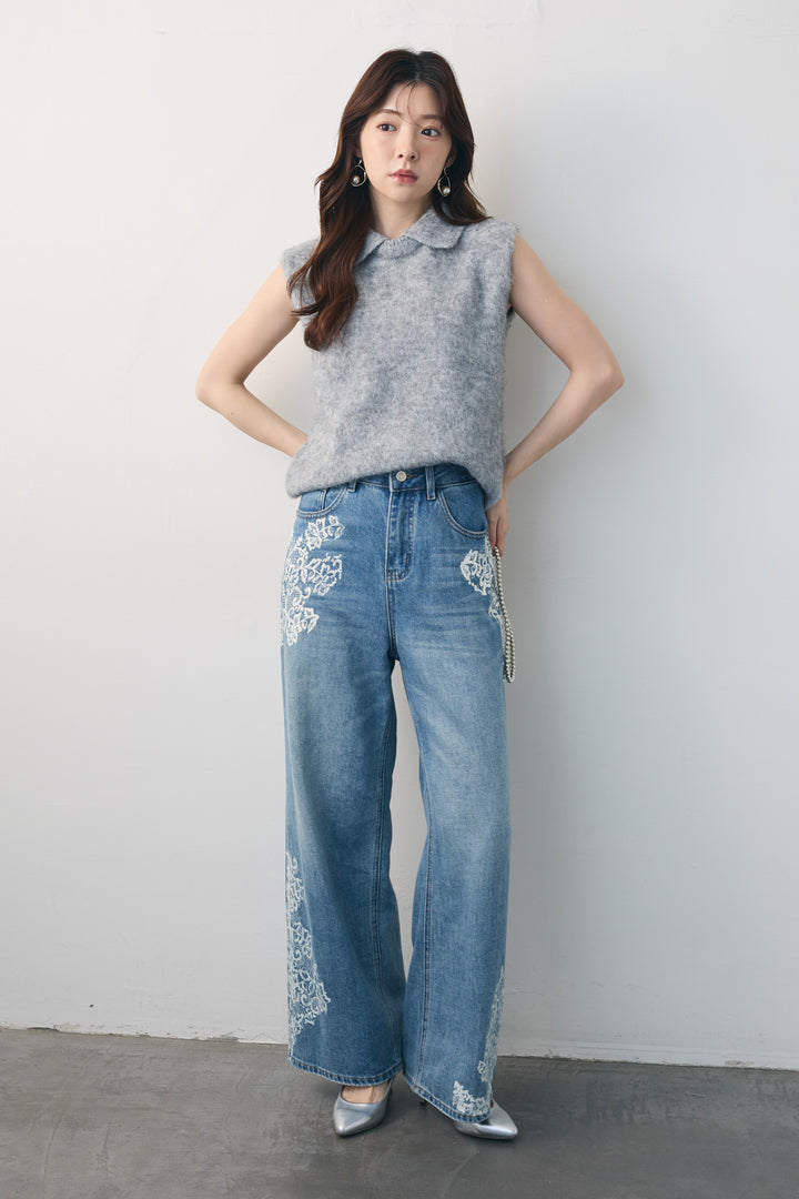 [予約/SET]モヘア起毛ポロベスト+レースプリントデザインデニムパンツ(2set)