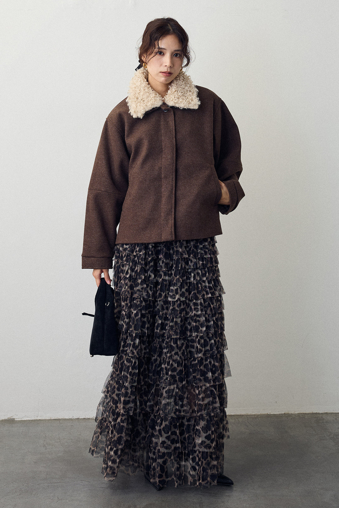 [予約/SET]プードル襟2wayコート+レオパードチュールティアードスカート(2set)