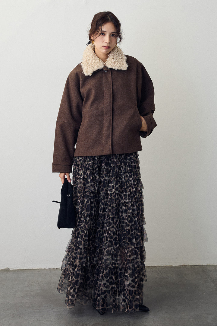 [予約/SET]プードル襟2wayコート+レオパードチュールティアードスカート(2set)