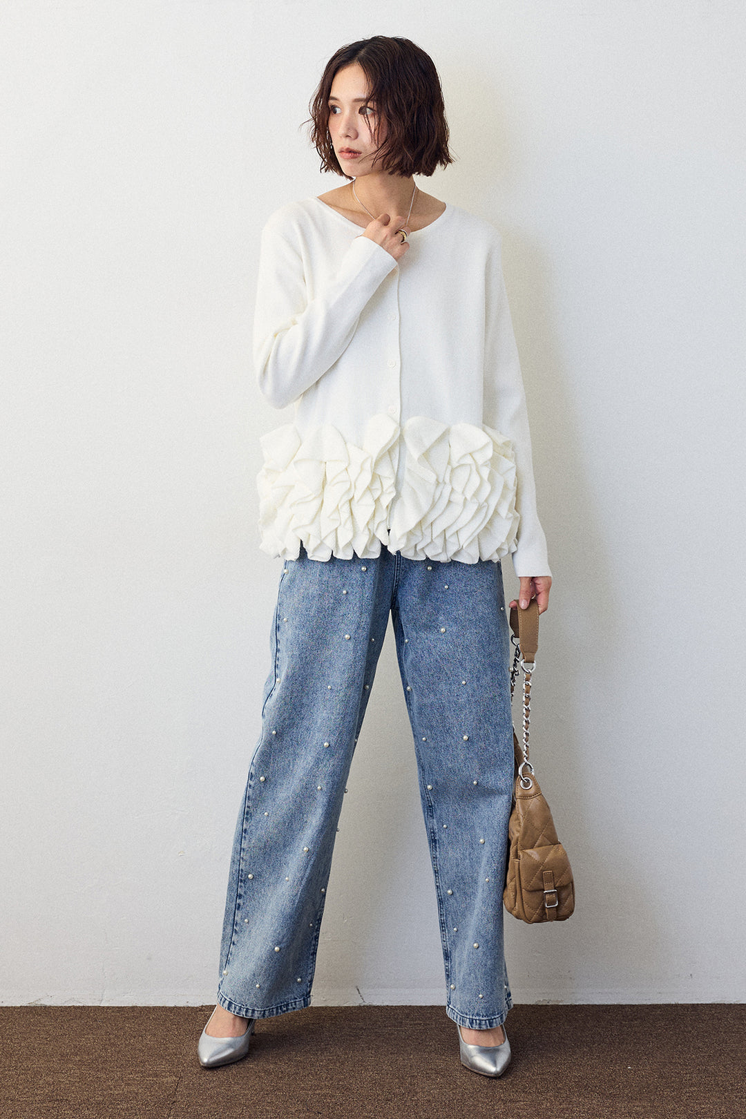 [予約/SET]フリルホイップニットカーディガン+パールスタッズストレートハイウエストデニム(2set)