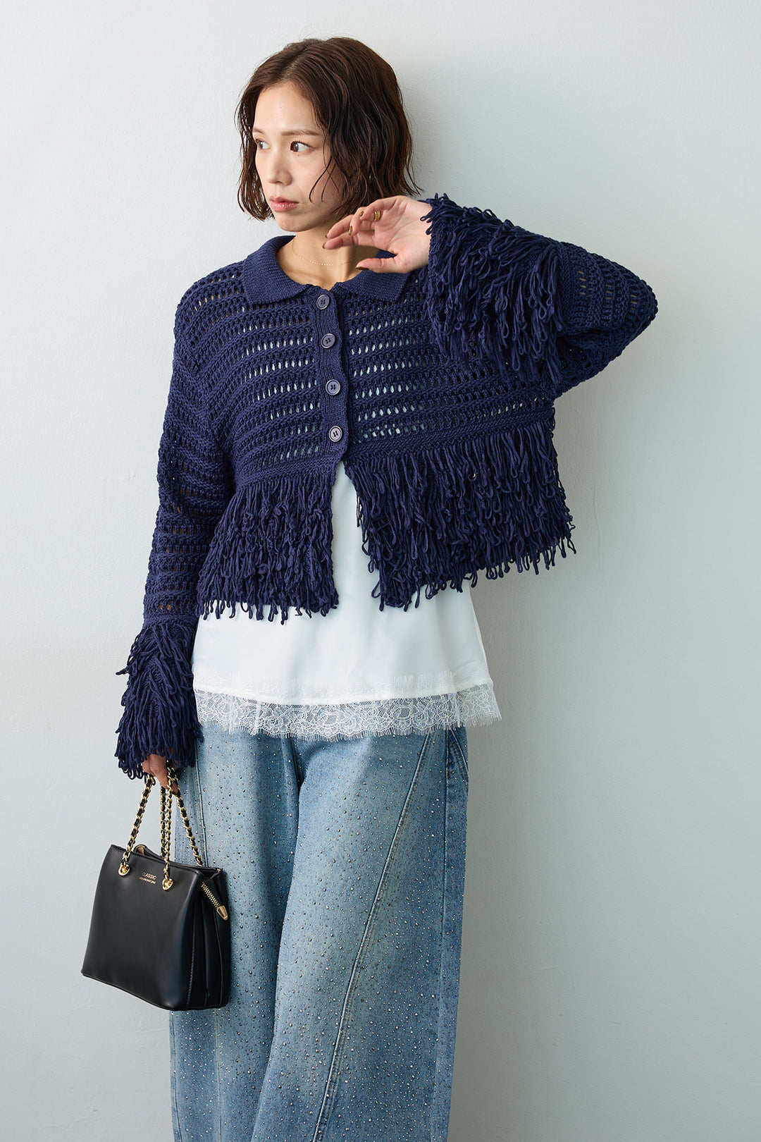 [予約/SET]メッシュフリンジクロップドニット+スパークルラインストーンカーブデニム(2set)