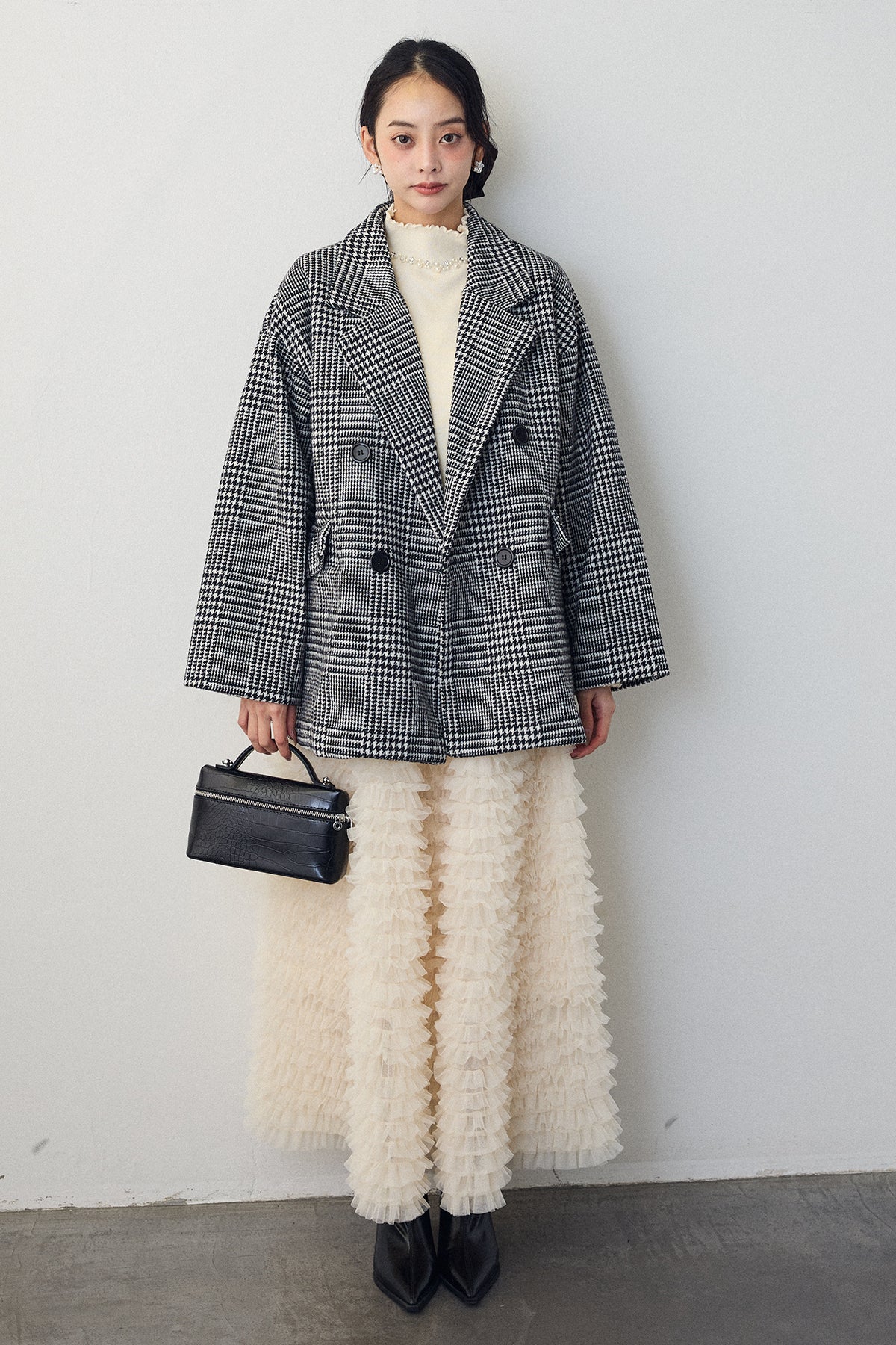 予約/SET]ネックショルダーパールポイントニット+チェック柄ボクシー