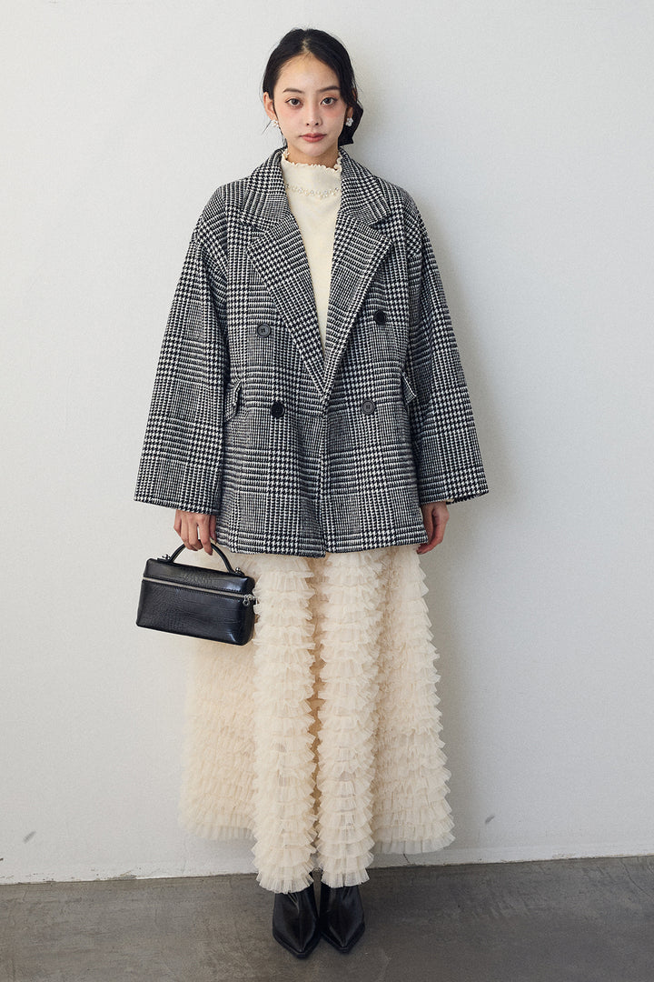 [予約/SET]ネックショルダーパールポイントニット+チェック柄ボクシーコート+ホイップチュールティアードスカート(3set)